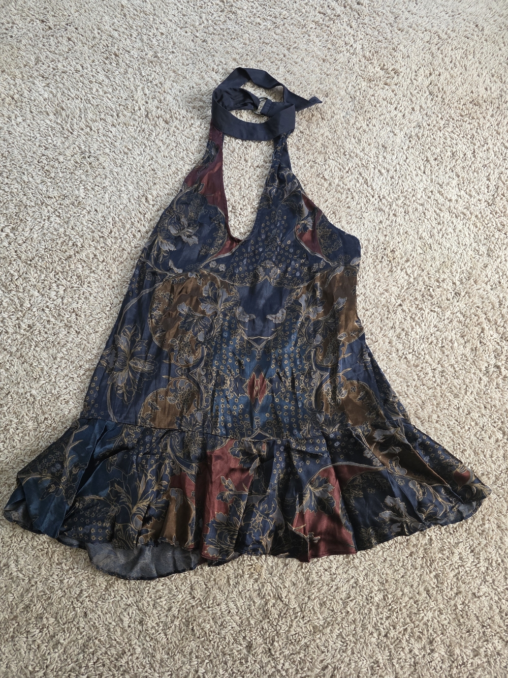 Free People Silk Blend Floral Burnout Halter Ruffle Mini Dress Tunic Size M